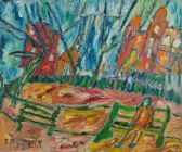 37. Girl in Orange on Green Bench.