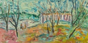 41. Three People by River with Building