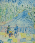 99. Blue Figures Overlooking River