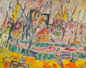 101. Multi-colored Houses with Figure on Bench