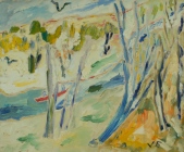 140. Lake with Red Boat and Blue Trees
